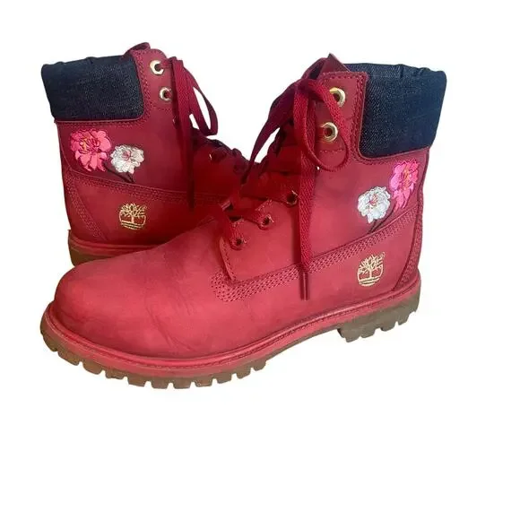 Timberland Red Water Proof Boots with Floral Embroidery **Runs Slightly Small** - Picture 2 of 8